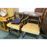 Pair of William IV mahogany armchairs, with curved splat backs above rope-twist splats, scrolled