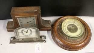 Art Deco style metal desk clock, oak cased mantel clock, oak cased barometer (3)