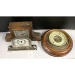 Art Deco style metal desk clock, oak cased mantel clock, oak cased barometer (3)