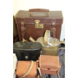 Brass dog figure and watering can, pair of Nakabishi 10x50 binoculars, two box brownie type cameras,