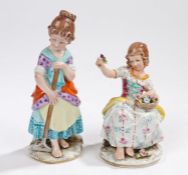 Two Capodimonte porcelain figures, the first of a young lady with a basket of flowers, one hand