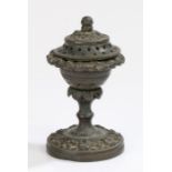 Regency bronze pastille burner, with a domed pierced top above a lappet column and round base,