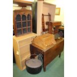 Furniture to include oak drop-leaf table, wall shelves, bookcases, book trough etc. (qty)