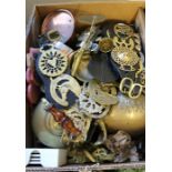 Copper and brass ware to include brass kettle, copper saucepan, horse brasses etc. (qty)