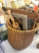 Woven effect basket, brass stick stand, three set squares, measuring stick, two boomerangs,