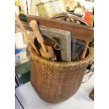 Woven effect basket, brass stick stand, three set squares, measuring stick, two boomerangs,