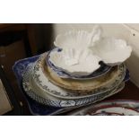 Collection of pottery and porcelain, to include meat serving plates, a tazza, and serving dish, etc,