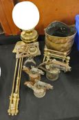 Brass oil lamp, three piece companion set, pair of fire dogs, trivet, blow torches (qty)