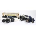 Cameras, lenses and accessories, to include Praktica MTL5B camera, Canon EOS500 camera, Hoya luxon