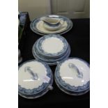 Newhall blue and white part dinner service, to include two tureens and covers, two oval meat plates,