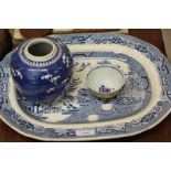 Kangxi porcelain tea bowl with floral spray and bird decoration, transfer decorated meat plate,
