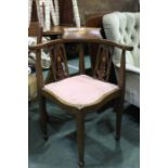 Edwardian boxwood and fan marquetry inlaid corner chair, with watered silk seat, on square