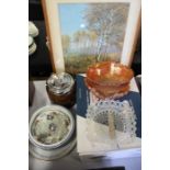 Collection of items, to include a pastel picture, a biscuit barrel, carnival glass, porcelain and