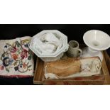 G Rushbrook Smithfield ham stand, Adams Calyx ware soup tureen, crested mugs, lace trims, needlework