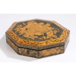 Regency penwork sewing box, the shaped box decorated with flowers opening to reveal compartments,