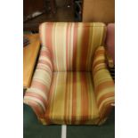 Arm chair upholstered in a striped material, together with a Parker Knoll armchair, with sweeping