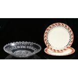 Two 18th Century creamware plates, together with a Queen Victoria commemorative glass dish, (3)