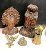 Two hardwood carved busts, brass letter box form money box, brass door knocker in the form of an