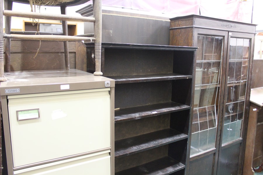 Oak bookcase with twin lead glazed doors, dark stained open bookcase, four drawer metal filing