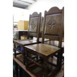 Set of four 17th Century style dining chairs, with diamond carved panel backs, solid seats, on