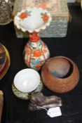 Japanese vase, together with an enamel dish, Chinese soapstone, porcelain cup and cover and a bowl