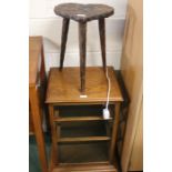 Milking stool with heart form seat, small glazed oak display cabinet, Foo Hing brown leather
