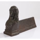 Victorian cast iron figural bust, of a lady with a headscarf, with an andiron type elongated back,