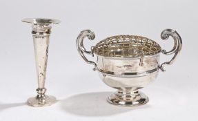 George V silver rose bowl, Birmingham 1919, with arched handles above the bowl and pedestal foot,