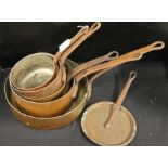 Five copper saucepans and one lid (6)