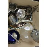 Silver plated ware, to include clear glass jug with plated hinged cover, sugar bowl with blue
