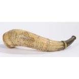 19th Century powder horn, dated 1809 with a sailing ship and leaping fish, a figure blowing a horn