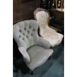 Button back armchair upholstered in a green material, on turned legs, spoon back chair with fruiting