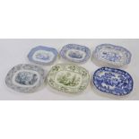 Collection of pottery serving dishes, to include a river scene example, Fountain scenery example a