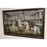 Framed woolwork picture, with figures on horseback, 82cm wide