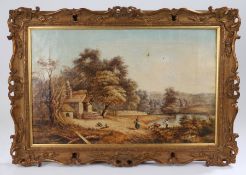 19th Century British school, Cottage by a river with a family and cattle, 52cm x 32cm