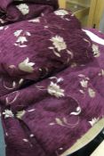 Curtains, in deep red and gilt flower design, three pairs, 260cm x 235cm, (6)