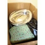 Plated ware to include basket with swing handle, cased sets, loose flatware (qty)