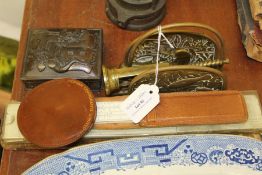 Brass letter rack with embossed fish decoration, brass corkscrew, Oriental bronze effect cigarette