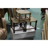 Three rope-work top stools on turned legs, white painted pine blanket box (4)