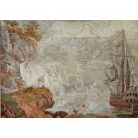19th Century wool work picture, depicting a galleon by a cliff edge with figures resting, 62cm x