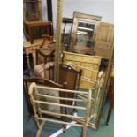 Gilt framed bevelled wall mirror, light wood towel rail, firescreen with woolwork panel (3)