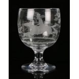 Large 19th Century glass goblet, with an engraved hunting scene with a figure on horse back and