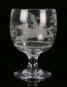 Large 19th Century glass goblet, with an engraved hunting scene with a figure on horse back and