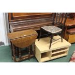 Small oak drop-leaf table, single bedroom chair, veneered media stand (3)