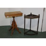 Light oak occasional table raised on pierced legs, oak corner stick stand (2)