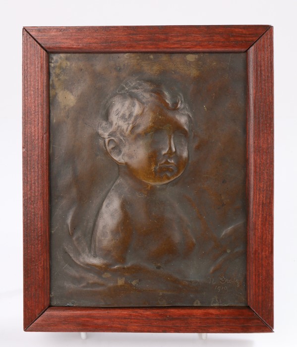 Early 20th Century bronze plaque, N Gratz 1910, of a boy, 12cm x 16cm