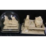 Two carved models depicting Eastern buildings, one housed under a glass dome (2)