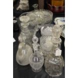Collection of glass, to include cut glass dishes, 19th Century Decanter, wide jug, glass rinser, (