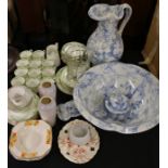 Copeland late Spode wash set comprising jug, bowl, two covered dishes, green transfer decorated part