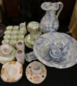 Copeland late Spode wash set comprising jug, bowl, two covered dishes, green transfer decorated part